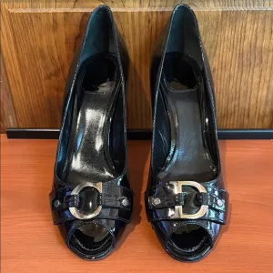 Elegant Dior Black Patent Leather Peep-Toe Heels Size 40