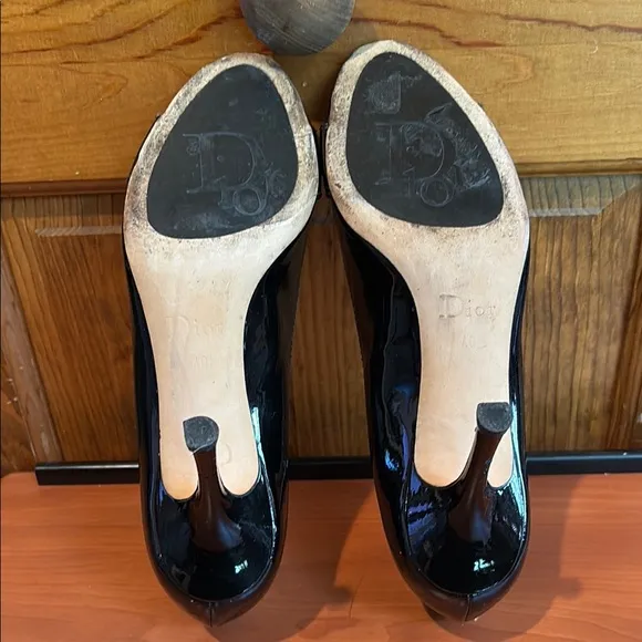 Elegant Dior Black Patent Leather Peep-Toe Heels Size 40