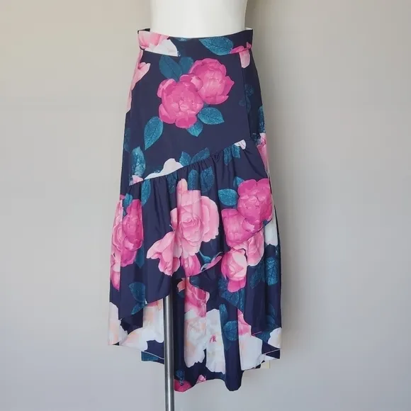 Eliza J Faux Wrap High/Low Taffeta Floral Skirt Womens Blue/Pink Size 6