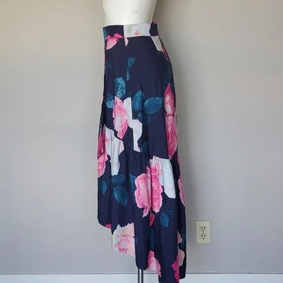 Eliza J Faux Wrap High/Low Taffeta Floral Skirt Womens Blue/Pink Size 6