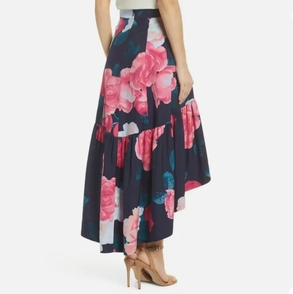 Eliza J Faux Wrap High/Low Taffeta Floral Skirt Womens Blue/Pink Size 6