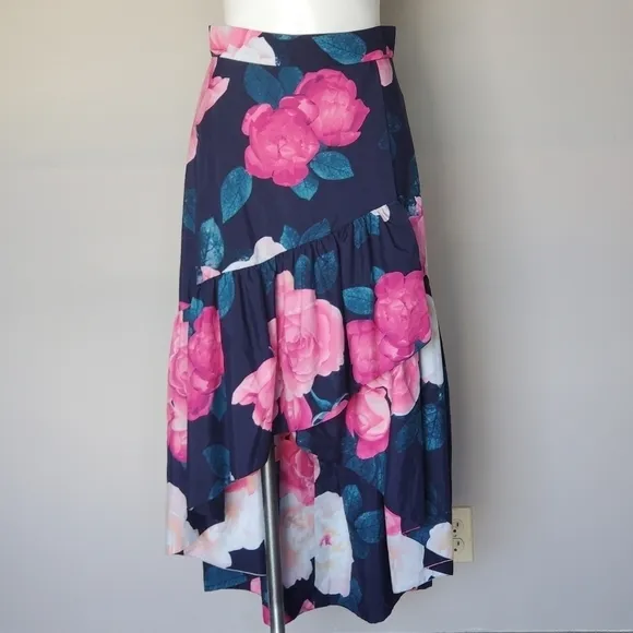 Eliza J Faux Wrap High/Low Taffeta Floral Skirt Womens Blue/Pink Size 6