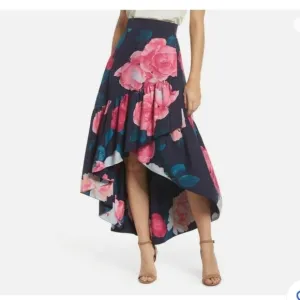Eliza J Faux Wrap High/Low Taffeta Floral Skirt Womens Blue/Pink Size 6