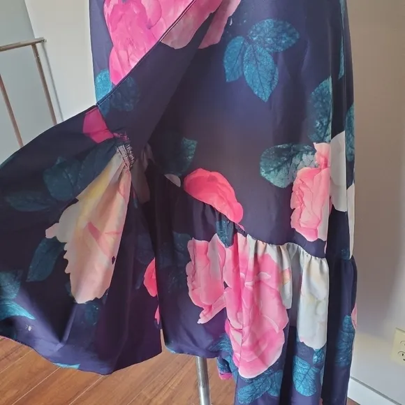 Eliza J Faux Wrap High/Low Taffeta Floral Skirt Womens Blue/Pink Size 6