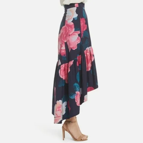 Eliza J Faux Wrap High/Low Taffeta Floral Skirt Womens Blue/Pink Size 6