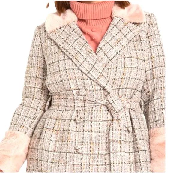 Eloquii Pink Tweed Coat With Pink Faux Fur