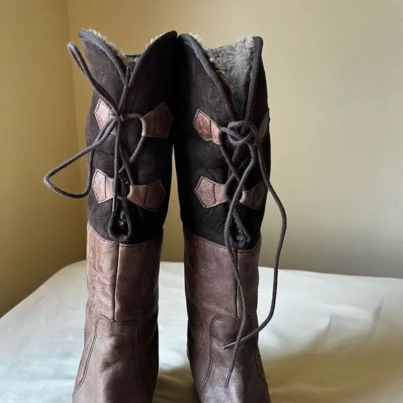 Eric Michael Knee High Leather Boots Lace Up Faux Fur Lining Wedge Heel 39