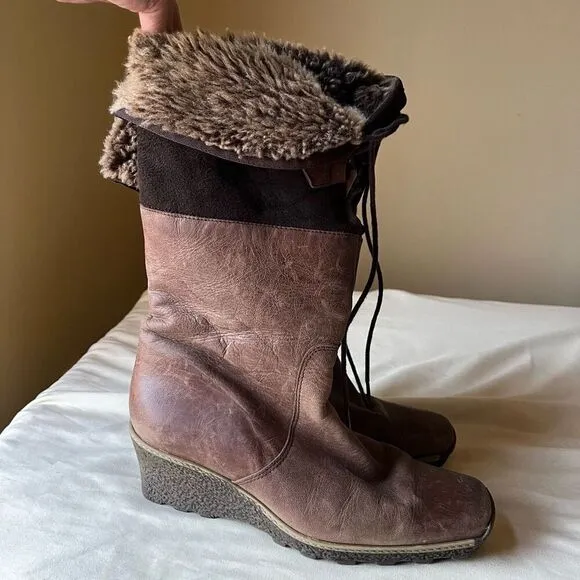 Eric Michael Knee High Leather Boots Lace Up Faux Fur Lining Wedge Heel 39