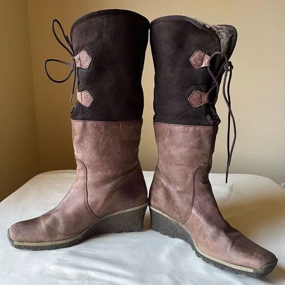 Eric Michael Knee High Leather Boots Lace Up Faux Fur Lining Wedge Heel 39