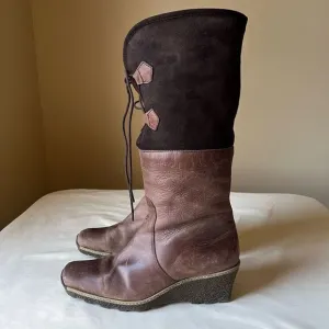 Eric Michael Knee High Leather Boots Lace Up Faux Fur Lining Wedge Heel 39