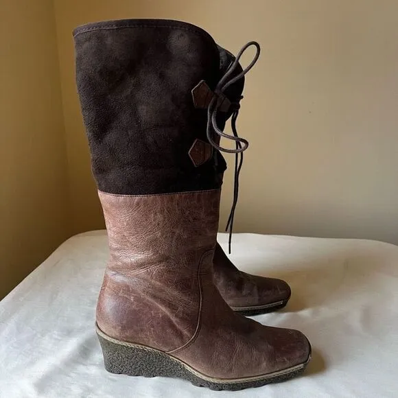 Eric Michael Knee High Leather Boots Lace Up Faux Fur Lining Wedge Heel 39