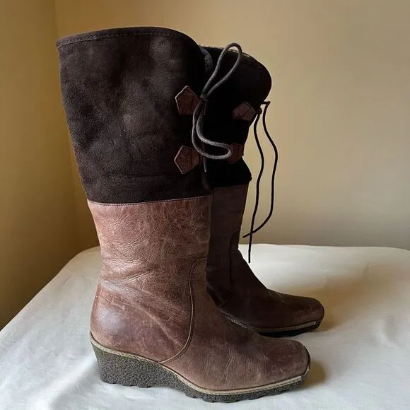 Eric Michael Knee High Leather Boots Lace Up Faux Fur Lining Wedge Heel 39
