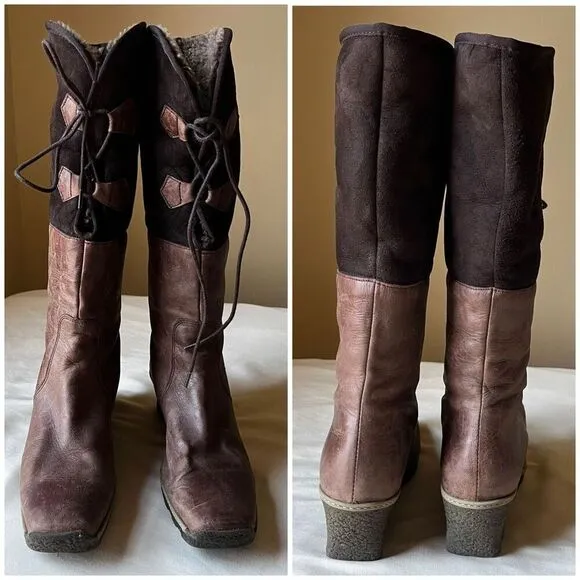 Eric Michael Knee High Leather Boots Lace Up Faux Fur Lining Wedge Heel 39