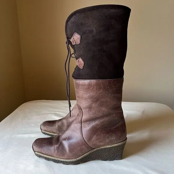 Eric Michael Knee High Leather Boots Lace Up Faux Fur Lining Wedge Heel 39