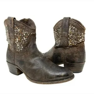 EUC Frye Deborah Distressed Leather Metallic Studded Short Western Boots Size 7
