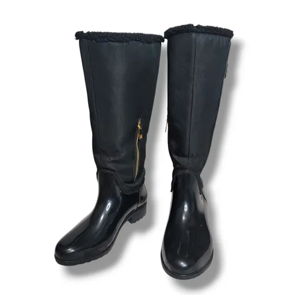 EUC Tommy Hilfiger Black Knee High Length Rain Snow Winter Boots Faux Fur 7M‎