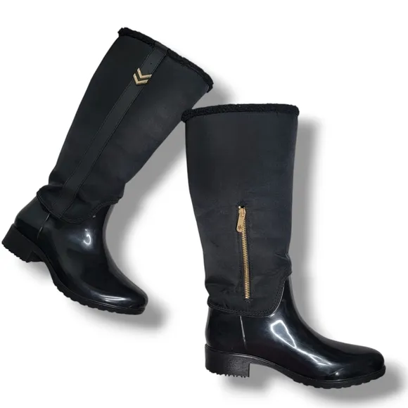 EUC Tommy Hilfiger Black Knee High Length Rain Snow Winter Boots Faux Fur 7M‎