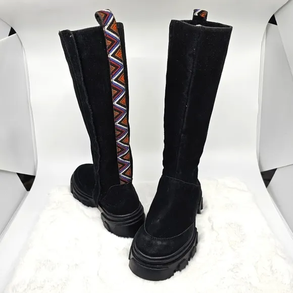 Farm Rio Anthropologie black long suede bohemian boots 7