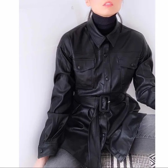 FAUX LEATHER BELTED SHACKET - BLACK