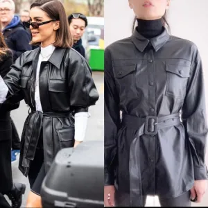 FAUX LEATHER BELTED SHACKET - BLACK