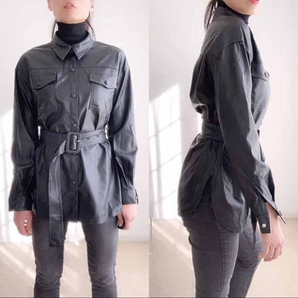 FAUX LEATHER BELTED SHACKET - BLACK