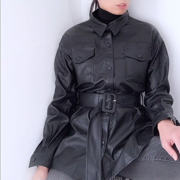 FAUX LEATHER BELTED SHACKET - BLACK