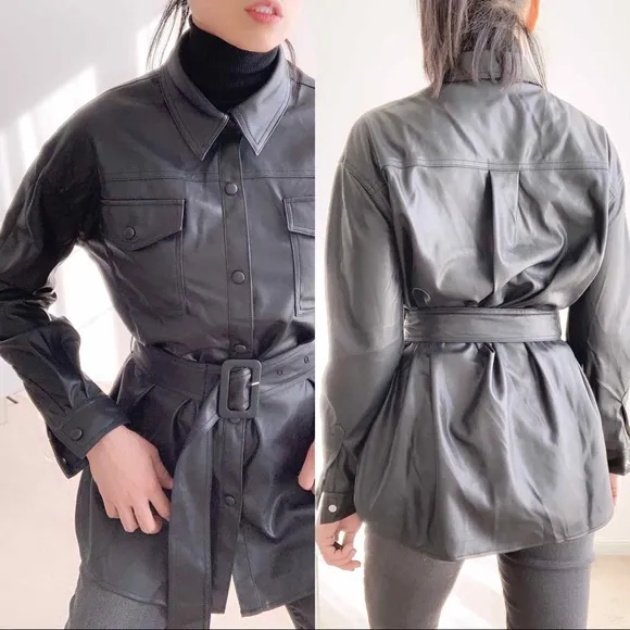 FAUX LEATHER BELTED SHACKET - BLACK