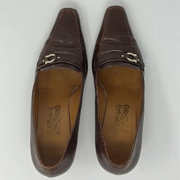 Ferragamo Brown Miista Leather Embossed Pumps Heels Size 9