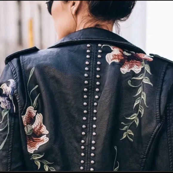 Floral Embroidered Black Faux Leather Jacket Size M.