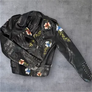 Floral Embroidered Black Faux Leather Jacket Size M.