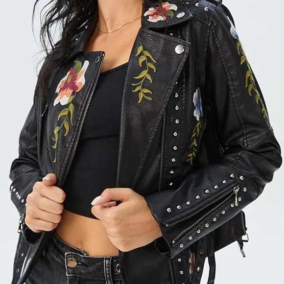 Floral Embroidered Black Faux Leather Jacket Size M.