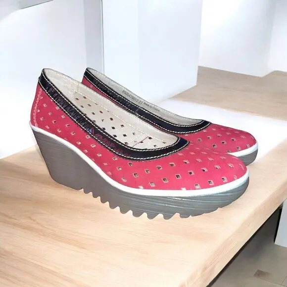 Fly London 37/6.5 7 Yobe Red Perforated Wedge Heels Shoes
