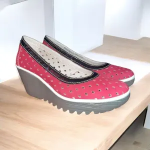 Fly London 37/6.5 7 Yobe Red Perforated Wedge Heels Shoes