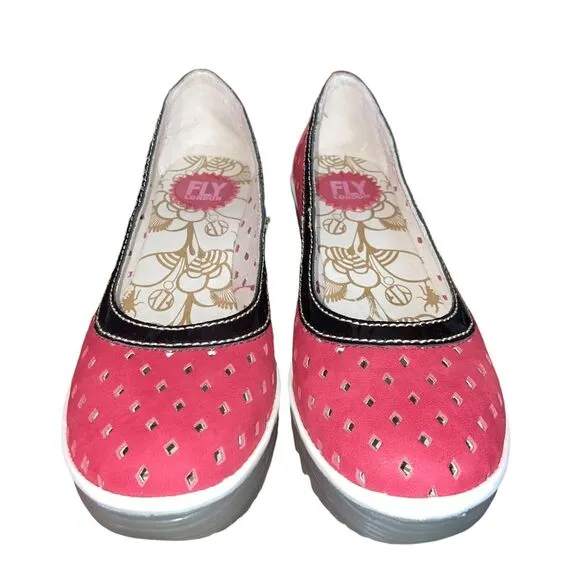 Fly London 37/6.5 7 Yobe Red Perforated Wedge Heels Shoes