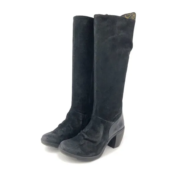 Fly London Black Leather Knee High Tall Boots EUR 37