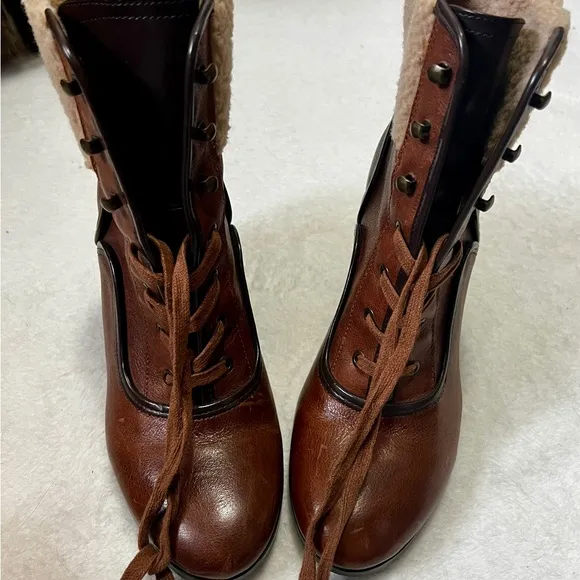 Franco Sarto Brown Leather Sherpa Waverly Wedge Boots - 9.5