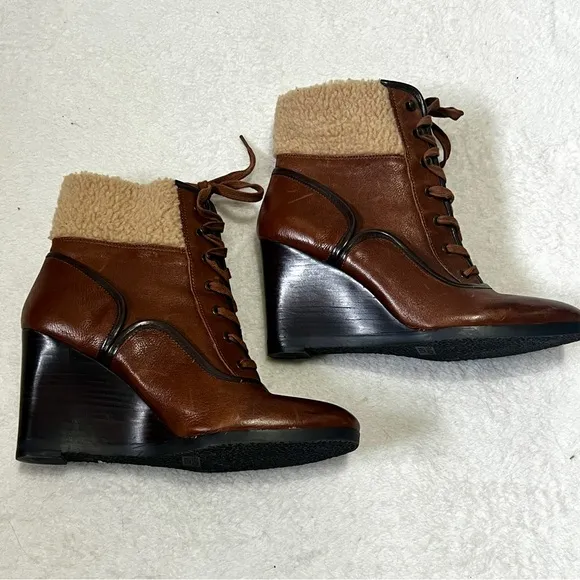 Franco Sarto Brown Leather Sherpa Waverly Wedge Boots - 9.5