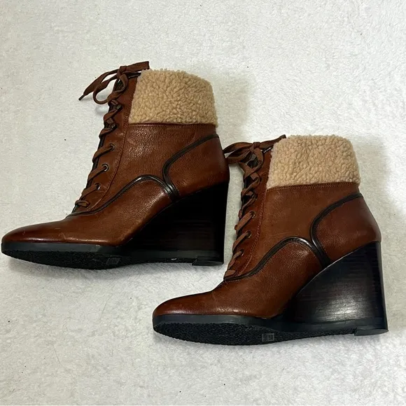 Franco Sarto Brown Leather Sherpa Waverly Wedge Boots - 9.5