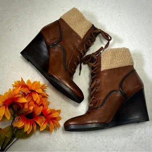 Franco Sarto Brown Leather Sherpa Waverly Wedge Boots - 9.5