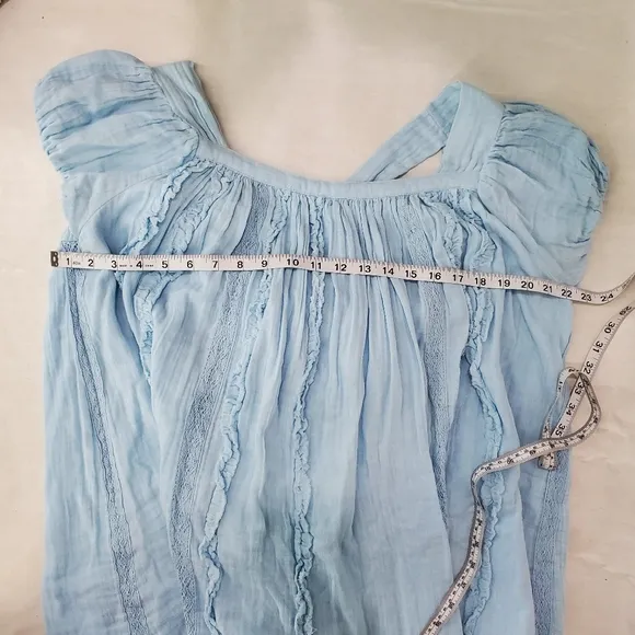 Free People Angele Gauzy Mini Dress Boho Summer Blue Oversized Puff Sleeve XS