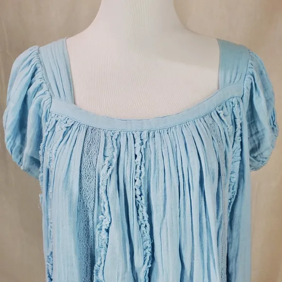 Free People Angele Gauzy Mini Dress Boho Summer Blue Oversized Puff Sleeve XS