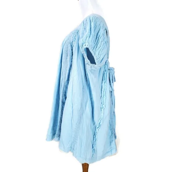 Free People Angele Gauzy Mini Dress Boho Summer Blue Oversized Puff Sleeve XS