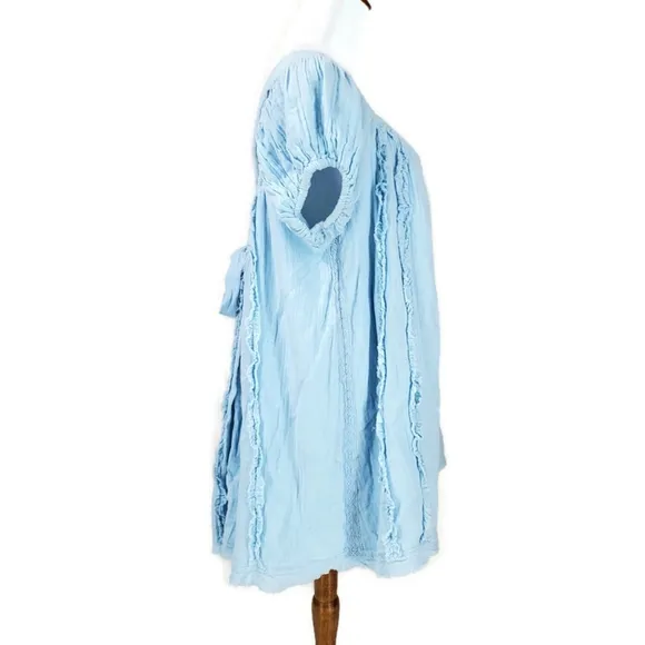 Free People Angele Gauzy Mini Dress Boho Summer Blue Oversized Puff Sleeve XS