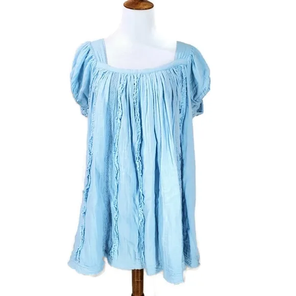 Free People Angele Gauzy Mini Dress Boho Summer Blue Oversized Puff Sleeve XS