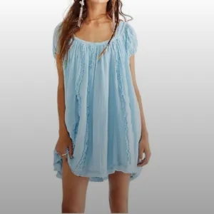 Free People Angele Gauzy Mini Dress Boho Summer Blue Oversized Puff Sleeve XS