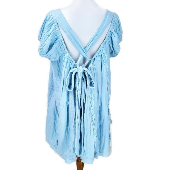 Free People Angele Gauzy Mini Dress Boho Summer Blue Oversized Puff Sleeve XS