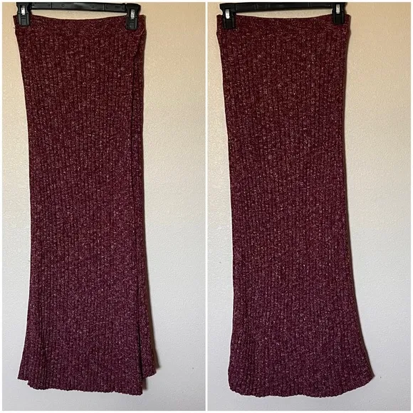 Free People Better Days Ribbed Knit Midi Pull-On Stretchy Sweater Skirt Maroon