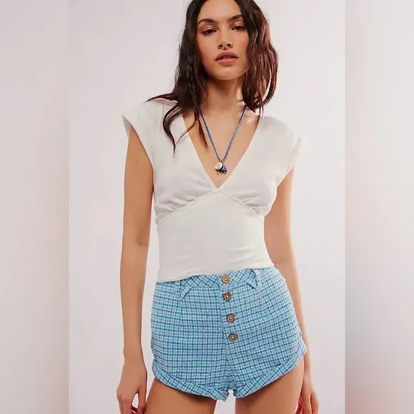 Free People Checked Out Plaid Brief In Blue Combo Plaid Shorts Size 12 Women's‎
