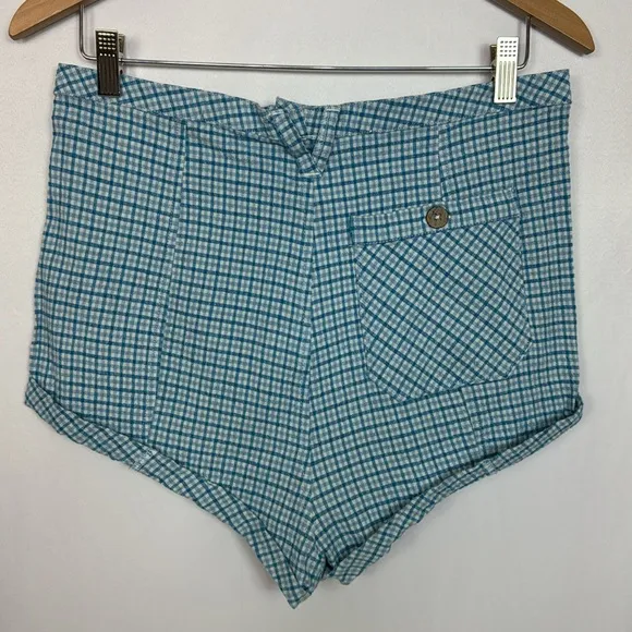 Free People Checked Out Plaid Brief In Blue Combo Plaid Shorts Size 12 Women's‎