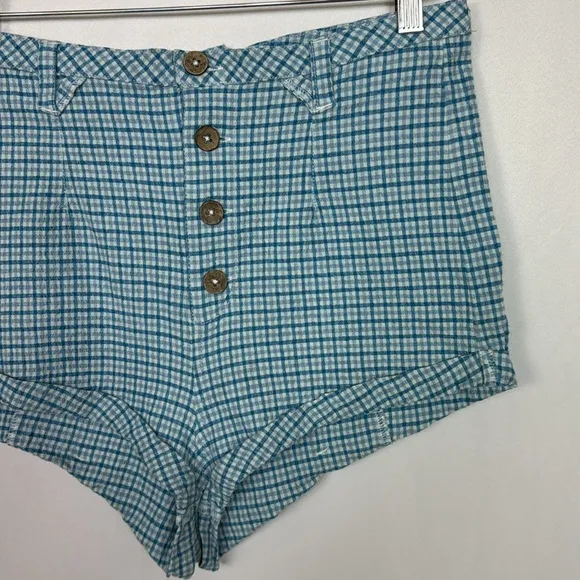 Free People Checked Out Plaid Brief In Blue Combo Plaid Shorts Size 12 Women's‎